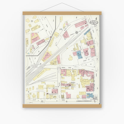 Old map wall art mockup — magnetic wood frame on white wall — Sanborn Fire Insurance Map from Greenfield, Franklin County, Massachusetts (1914), Sheet #0004