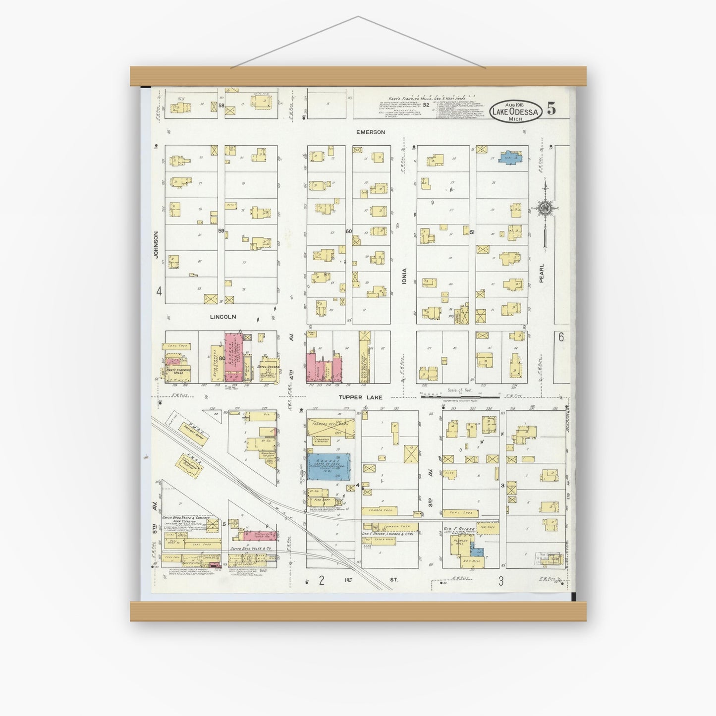 Old map wall art mockup — magnetic wood frame on white wall — Sanborn Fire Insurance Map from Lake Odessa, Ionia County, Michigan (1918), Sheet #0005