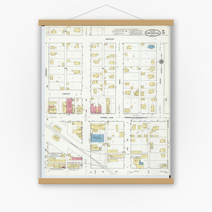 Old map wall art mockup — magnetic wood frame on white wall — Sanborn Fire Insurance Map from Lake Odessa, Ionia County, Michigan (1918), Sheet #0005