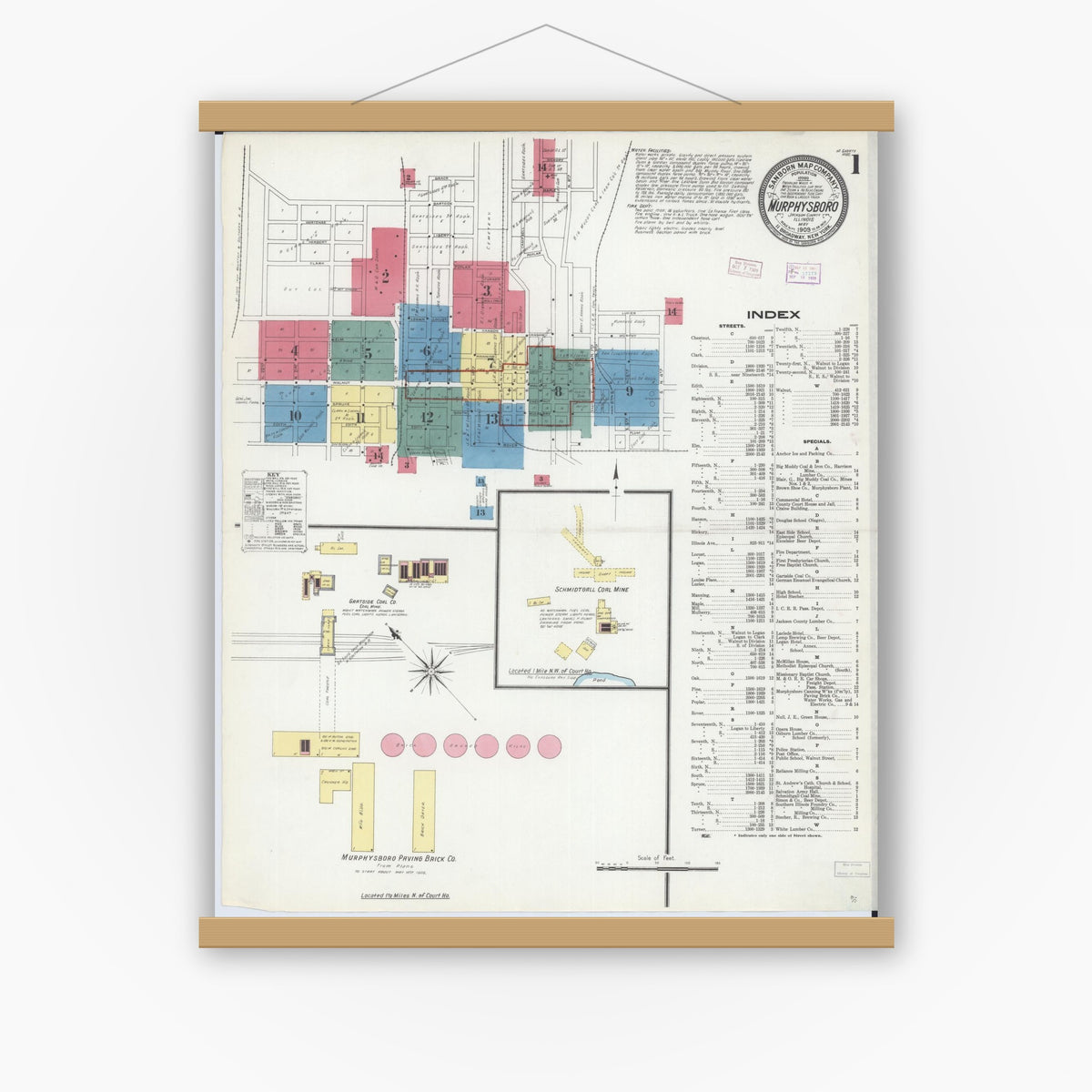 Old map wall art mockup — magnetic wood frame on white wall — Sanborn Fire Insurance Map from Murphysboro, Jackson County, Illinois (1909), Sheet #0001