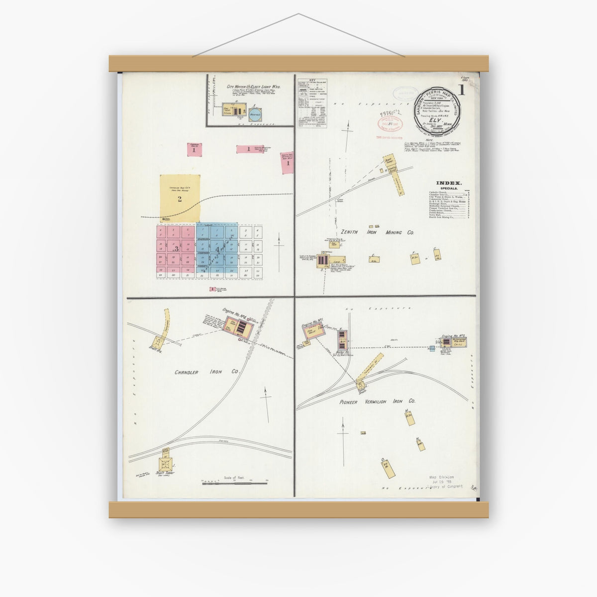 Old map wall art mockup — magnetic wood frame on white wall — Sanborn Fire Insurance Map from Ely, Saint Louis County, Minnesota (1897), Sheet #0001