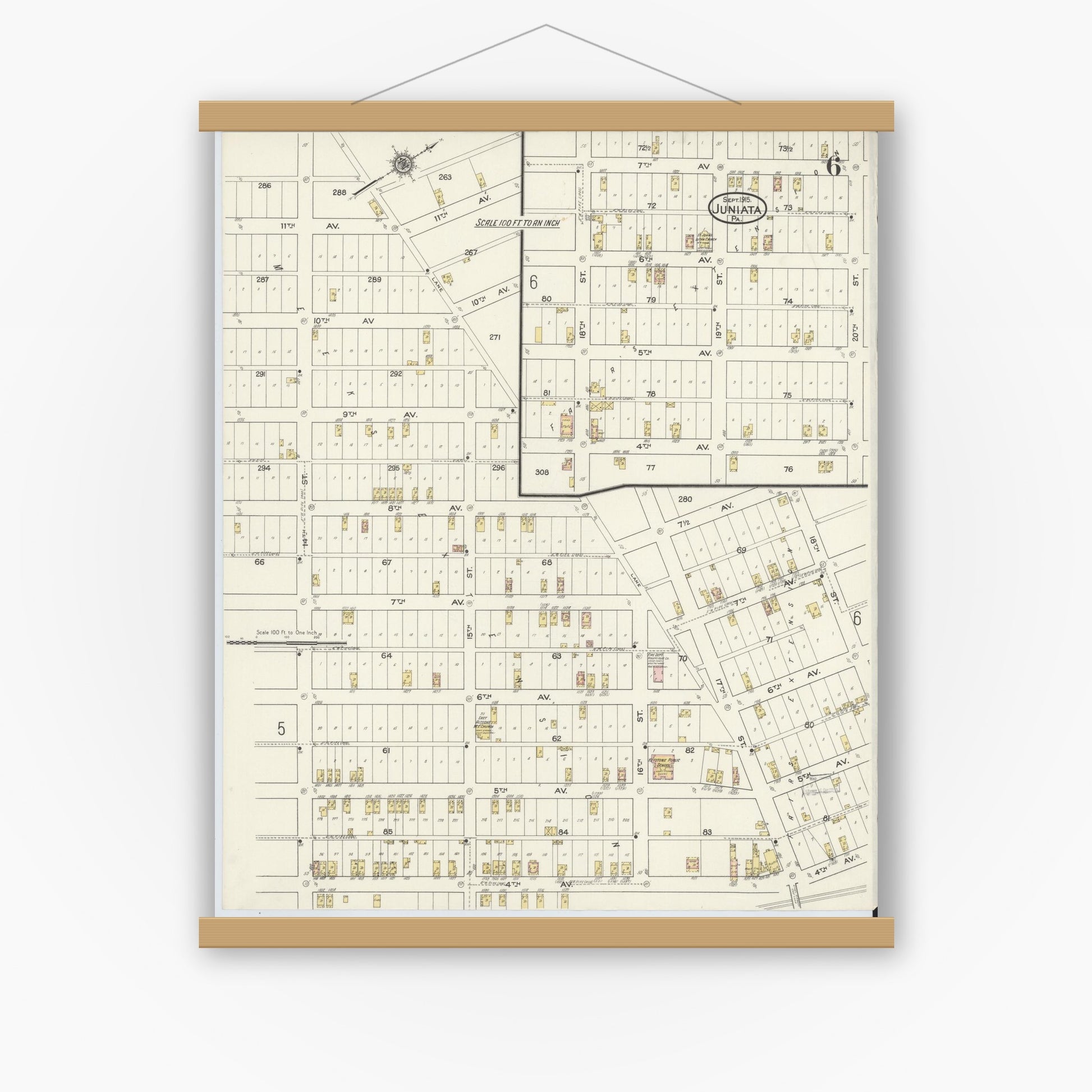 Old map wall art mockup — magnetic wood frame on white wall — Sanborn Fire Insurance Map from Juniata, Blair County, Pennsylvania (1915), Sheet #0006