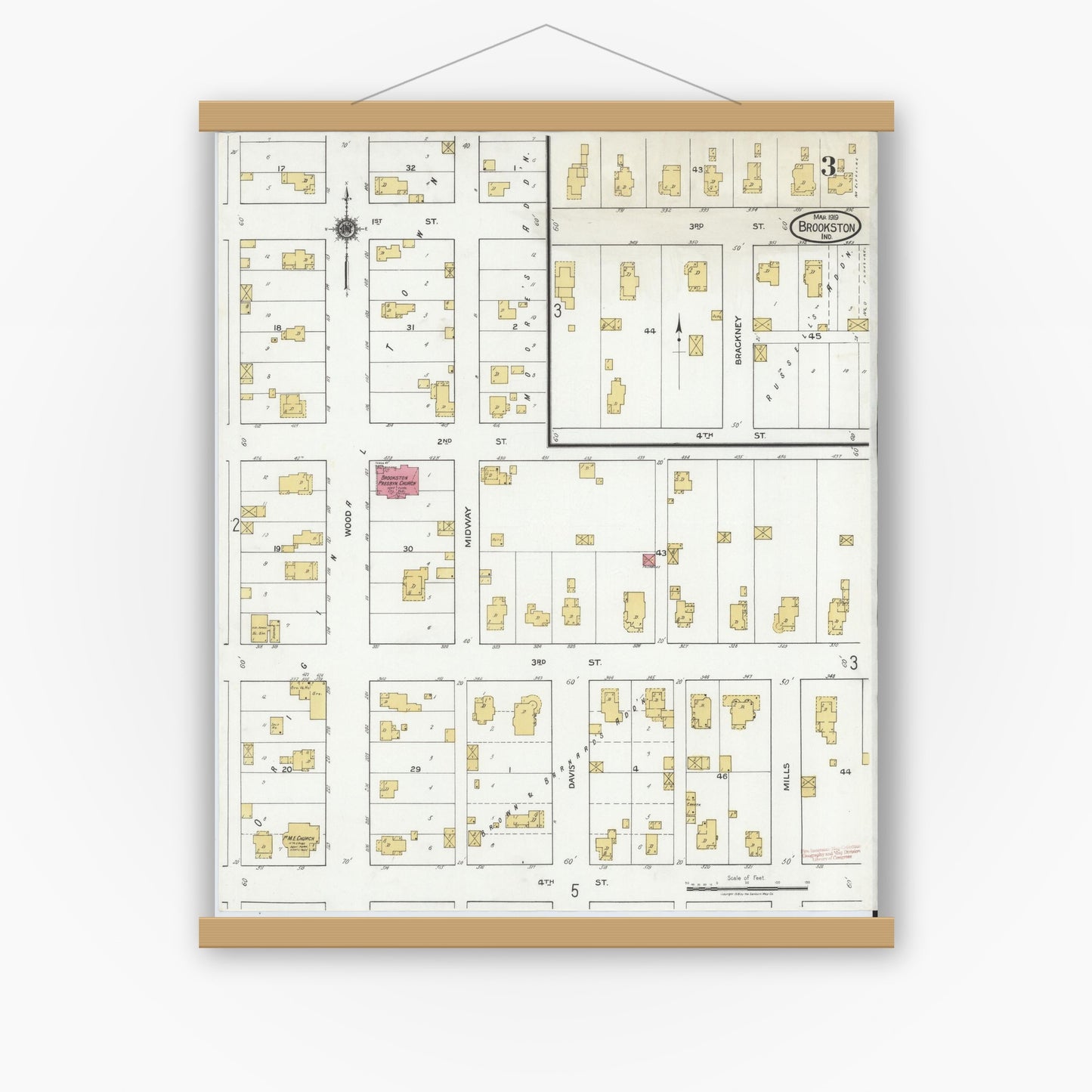 Old map wall art mockup — magnetic wood frame on white wall — Sanborn Fire Insurance Map from Brookston, White County, Indiana (1919), Sheet #0003