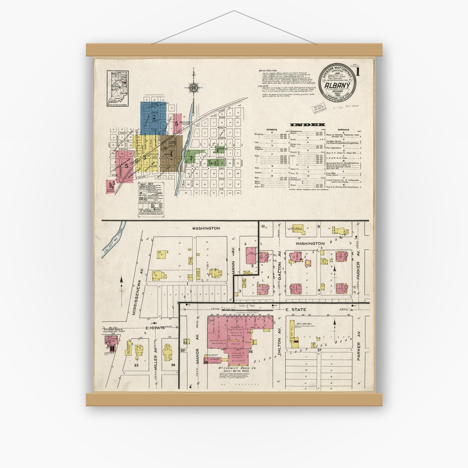 Old map wall art mockup — magnetic wood frame on white wall — Sanborn Fire Insurance Map from Albany, Delaware County, Indiana (1920), Sheet #0001
