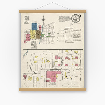 Old map wall art mockup — magnetic wood frame on white wall — Sanborn Fire Insurance Map from Albany, Delaware County, Indiana (1920), Sheet #0001