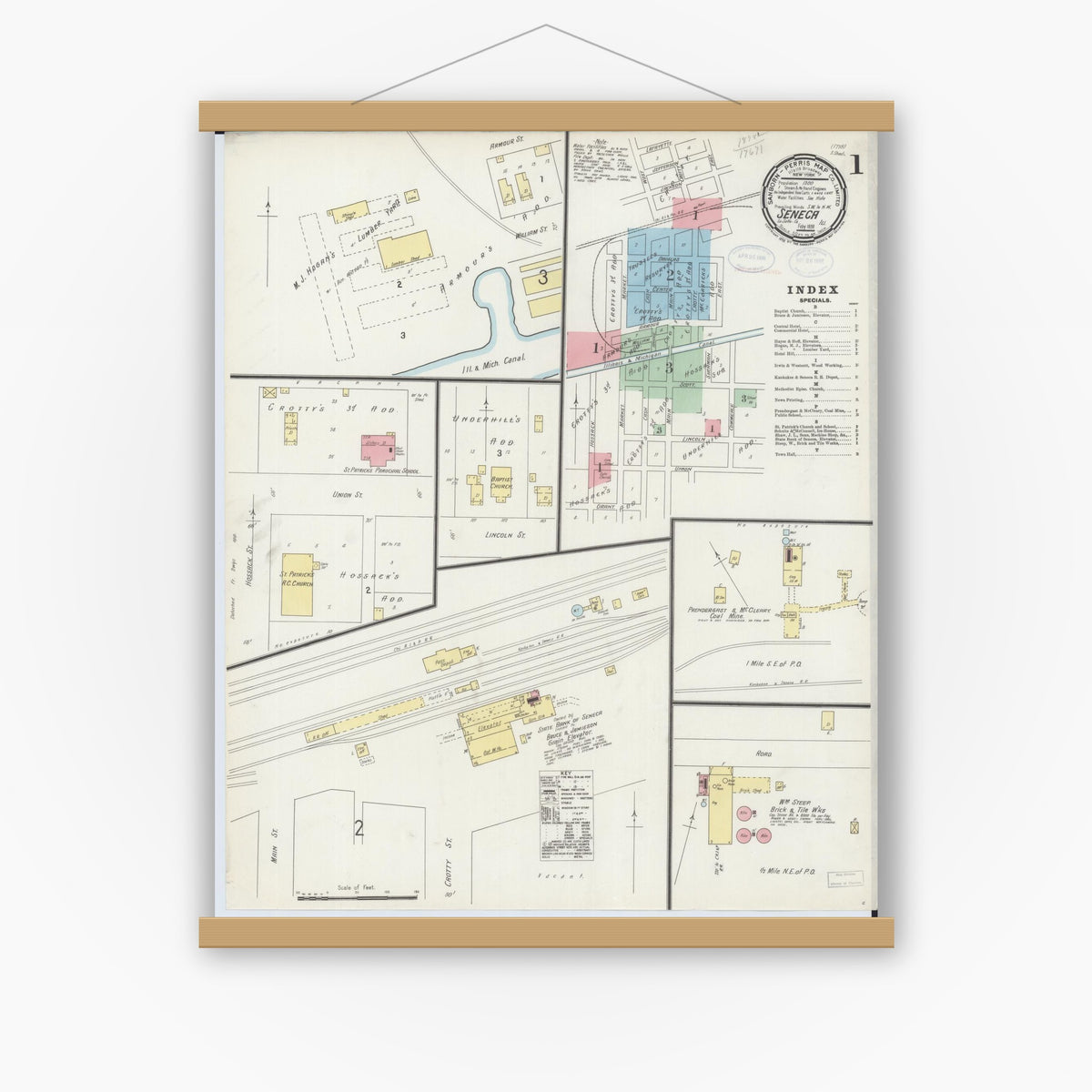 Old map wall art mockup — magnetic wood frame on white wall — Sanborn Fire Insurance Map from Seneca, La Salle County, Illinois (1898), Sheet #0001