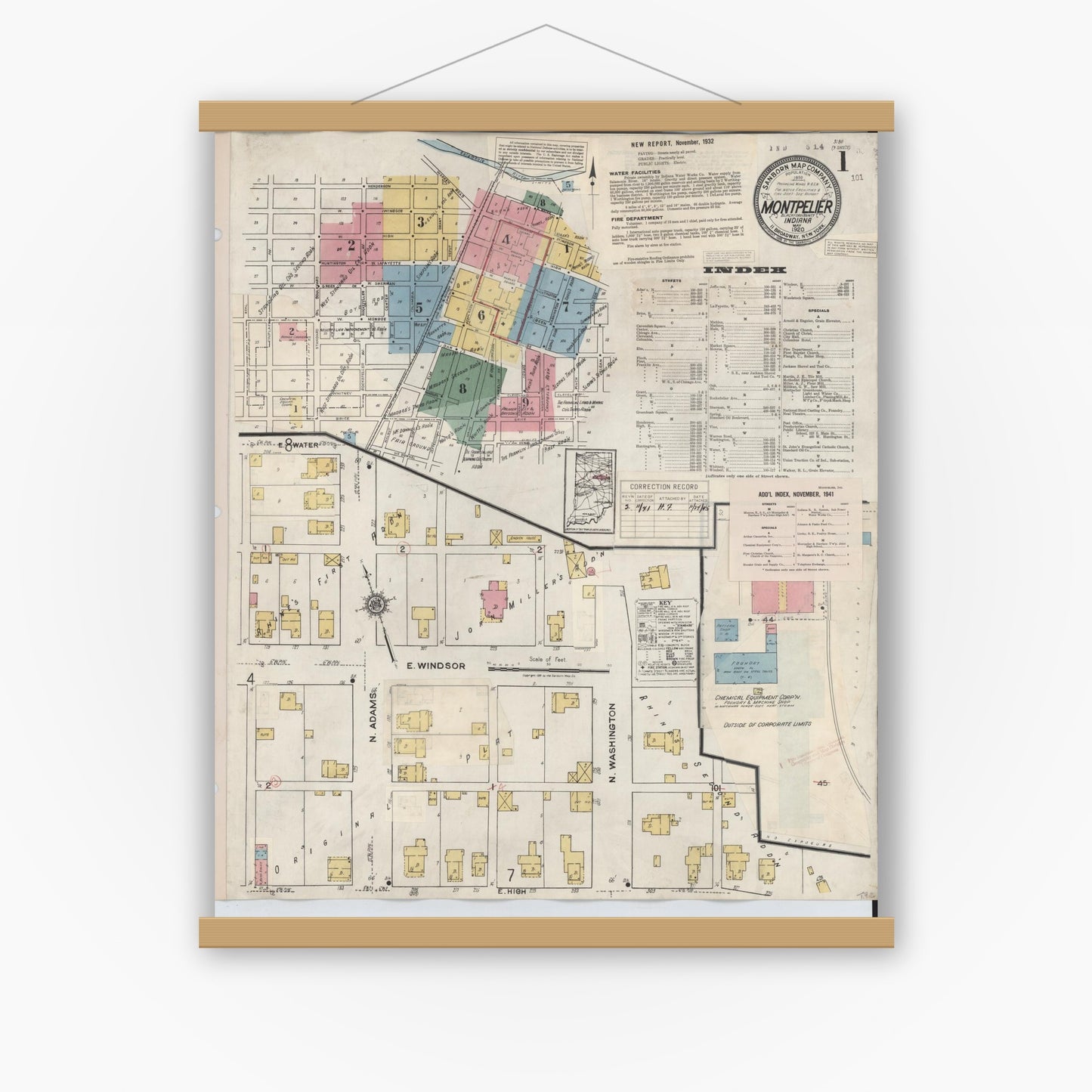 Old map wall art mockup — magnetic wood frame on white wall — Sanborn Fire Insurance Map from Montpelier, Blackford County, Indiana (1941) - Complete Map Set