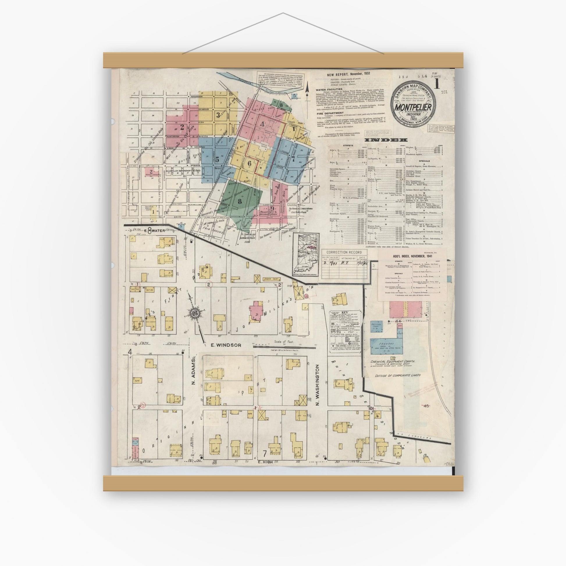 Old map wall art mockup — magnetic wood frame on white wall — Sanborn Fire Insurance Map from Montpelier, Blackford County, Indiana (1941) - Complete Map Set