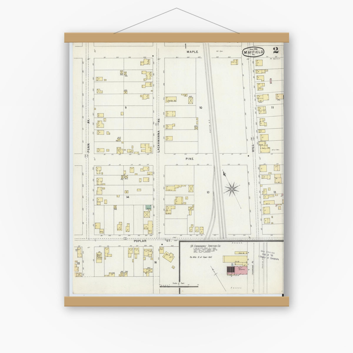 Old map wall art mockup — magnetic wood frame on white wall — Sanborn Fire Insurance Map from Mayfield, Lackawanna County, Pennsylvania (1896), Sheet #0002