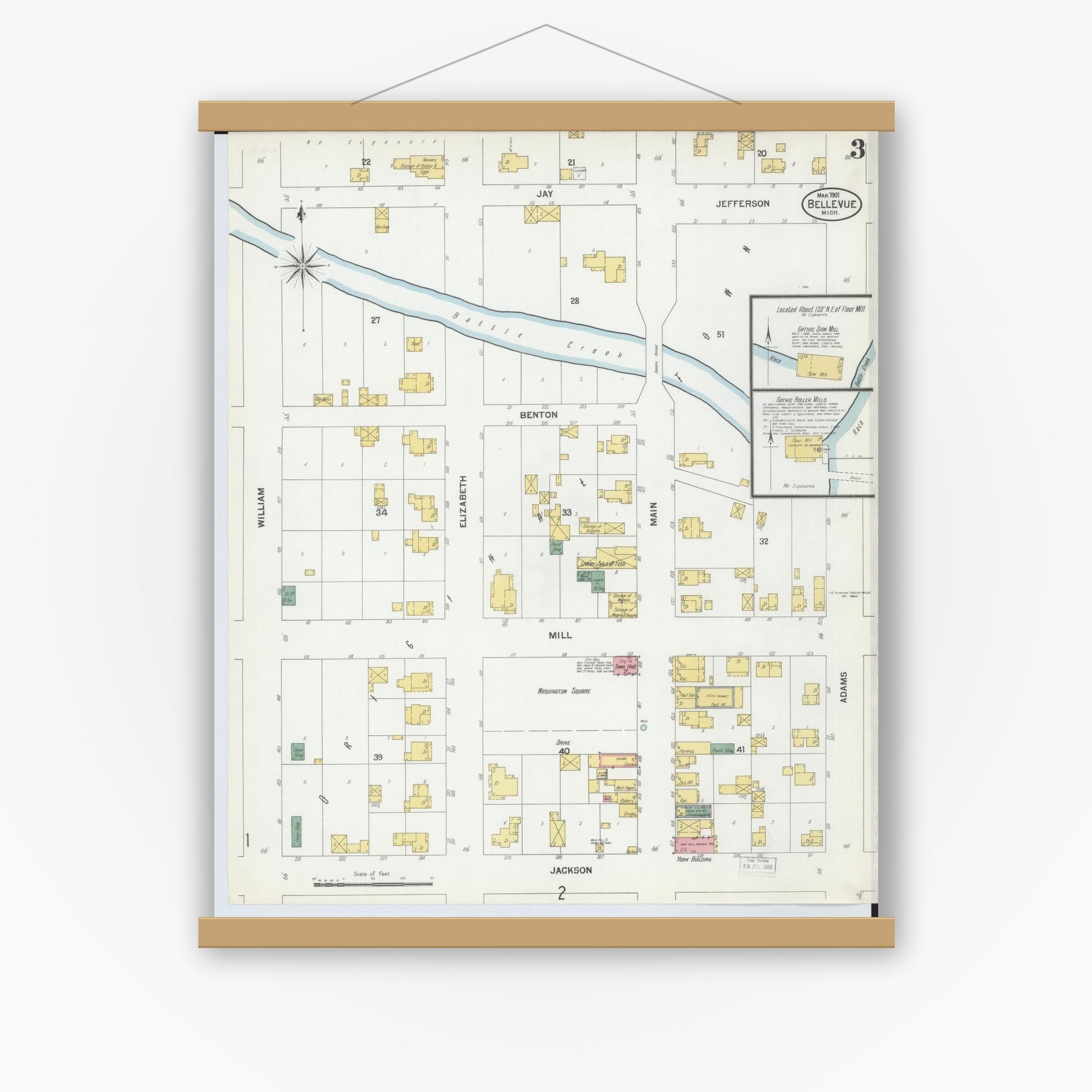Old map wall art mockup — magnetic wood frame on white wall — Sanborn Fire Insurance Map from Bellevue, Eaton County, Michigan (1901), Sheet #0003