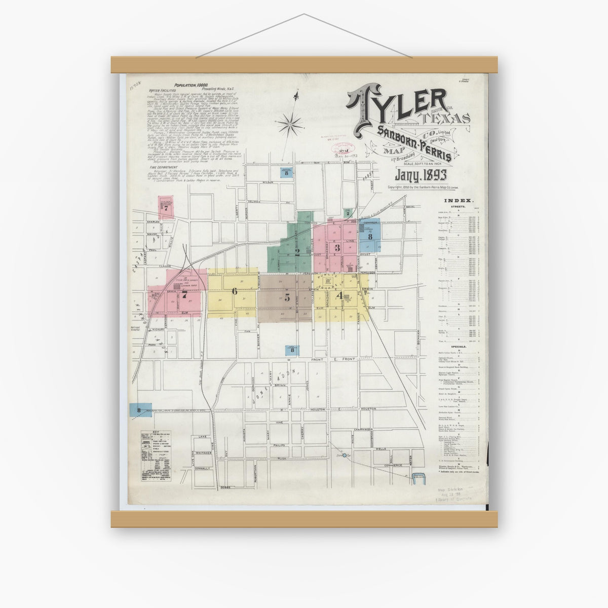 Old map wall art mockup — magnetic wood frame on white wall — Sanborn Fire Insurance Map from Tyler, Smith County, Texas (1893), Sheet #0001