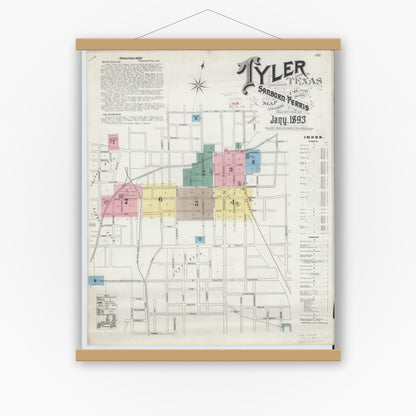 Old map wall art mockup — magnetic wood frame on white wall — Sanborn Fire Insurance Map from Tyler, Smith County, Texas (1893), Sheet #0001