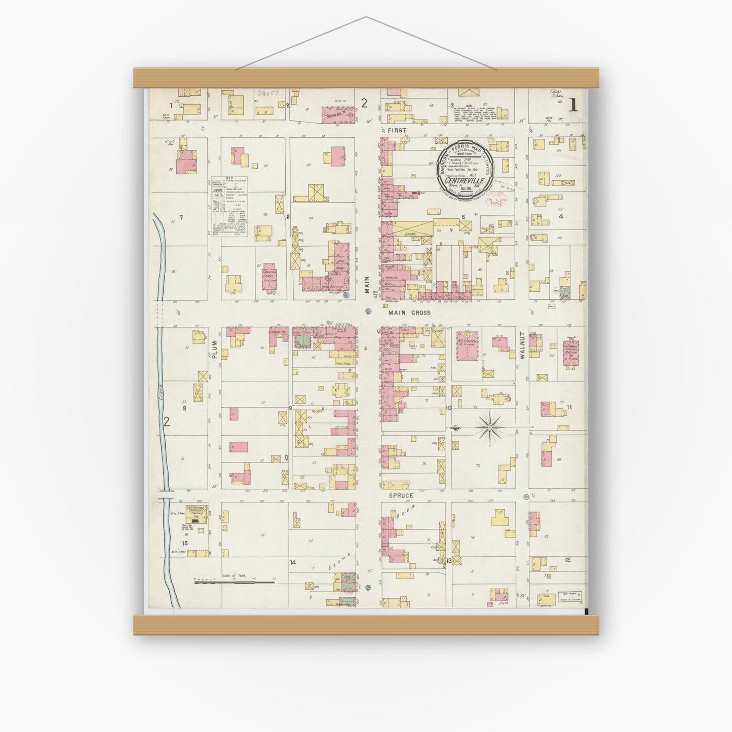 Old map wall art mockup — magnetic wood frame on white wall — Sanborn Fire Insurance Map from Centerville, Wayne County, Indiana (1896), Sheet #0001