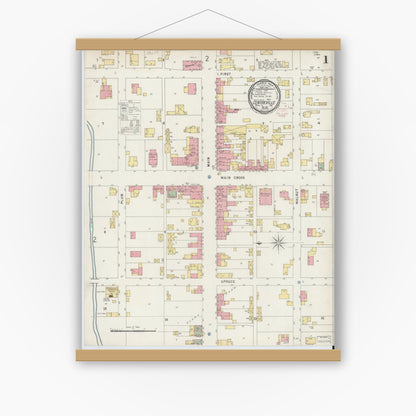 Old map wall art mockup — magnetic wood frame on white wall — Sanborn Fire Insurance Map from Centerville, Wayne County, Indiana (1896), Sheet #0001