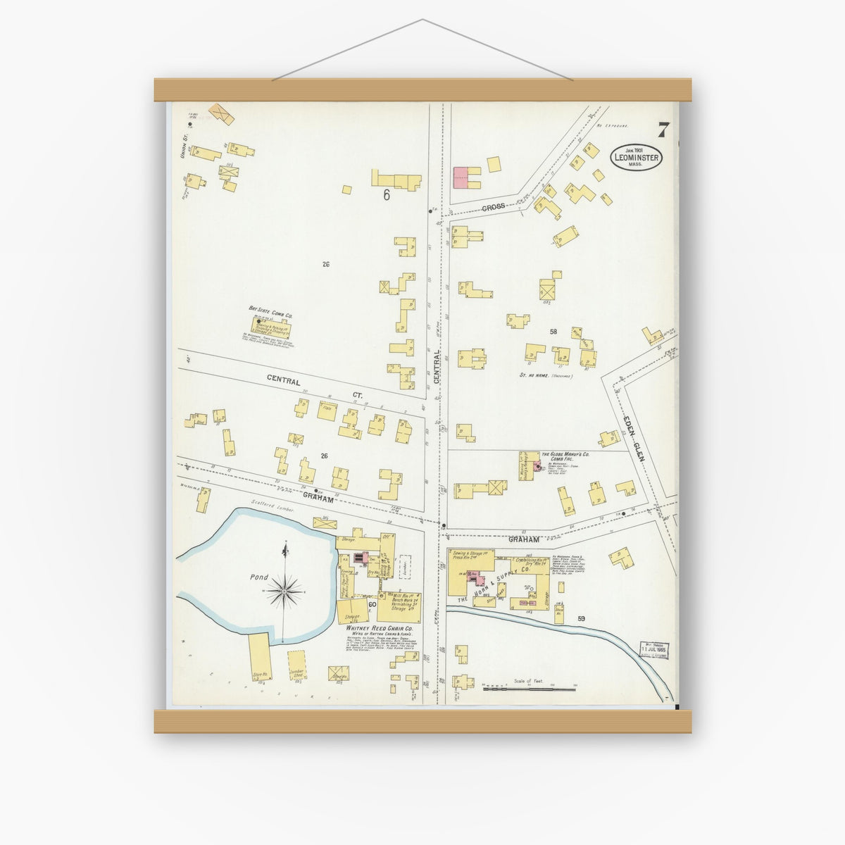 Old map wall art mockup — magnetic wood frame on white wall — Sanborn Fire Insurance Map from Leominster, Worcester County, Massachusetts (1901), Sheet #0007