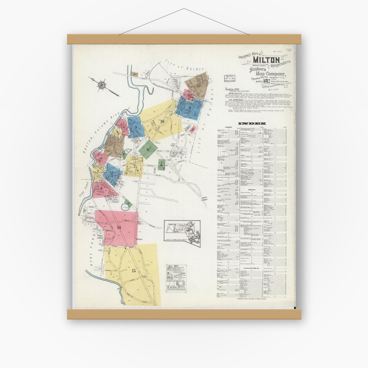 Old map wall art mockup — magnetic wood frame on white wall — Sanborn Fire Insurance Map from Milton, Norfolk County, Massachusetts (1917) - Complete Map Set