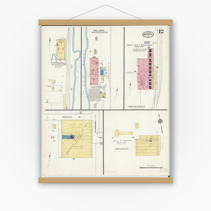 Old map wall art mockup — magnetic wood frame on white wall — Sanborn Fire Insurance Map from Batavia, Kane County, Illinois (1916), Sheet #0012