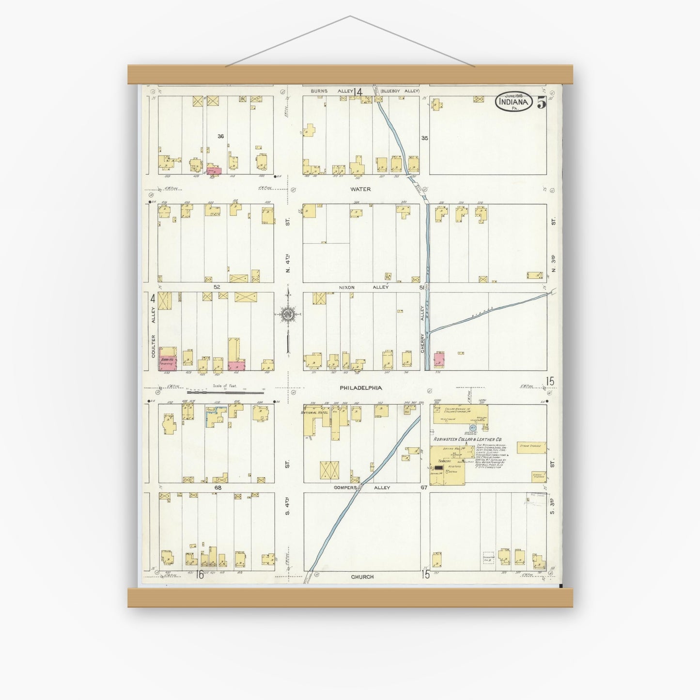 Old map wall art mockup — magnetic wood frame on white wall — Sanborn Fire Insurance Map from Indiana, Indiana County, Pennsylvania (1916), Sheet #0005
