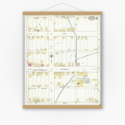 Old map wall art mockup — magnetic wood frame on white wall — Sanborn Fire Insurance Map from Indiana, Indiana County, Pennsylvania (1916), Sheet #0005