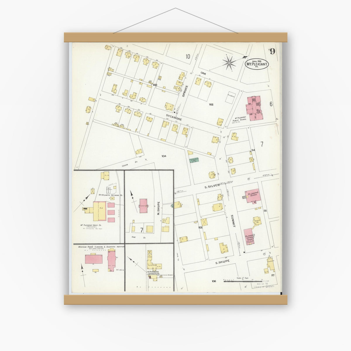 Old map wall art mockup — magnetic wood frame on white wall — Sanborn Fire Insurance Map from Mount Pleasant, Westmoreland County, Pennsylvania (1908), Sheet #0009