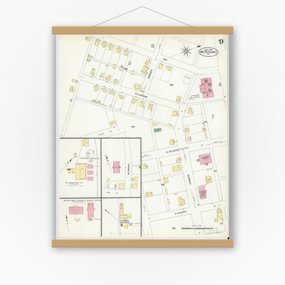 Old map wall art mockup — magnetic wood frame on white wall — Sanborn Fire Insurance Map from Mount Pleasant, Westmoreland County, Pennsylvania (1908), Sheet #0009