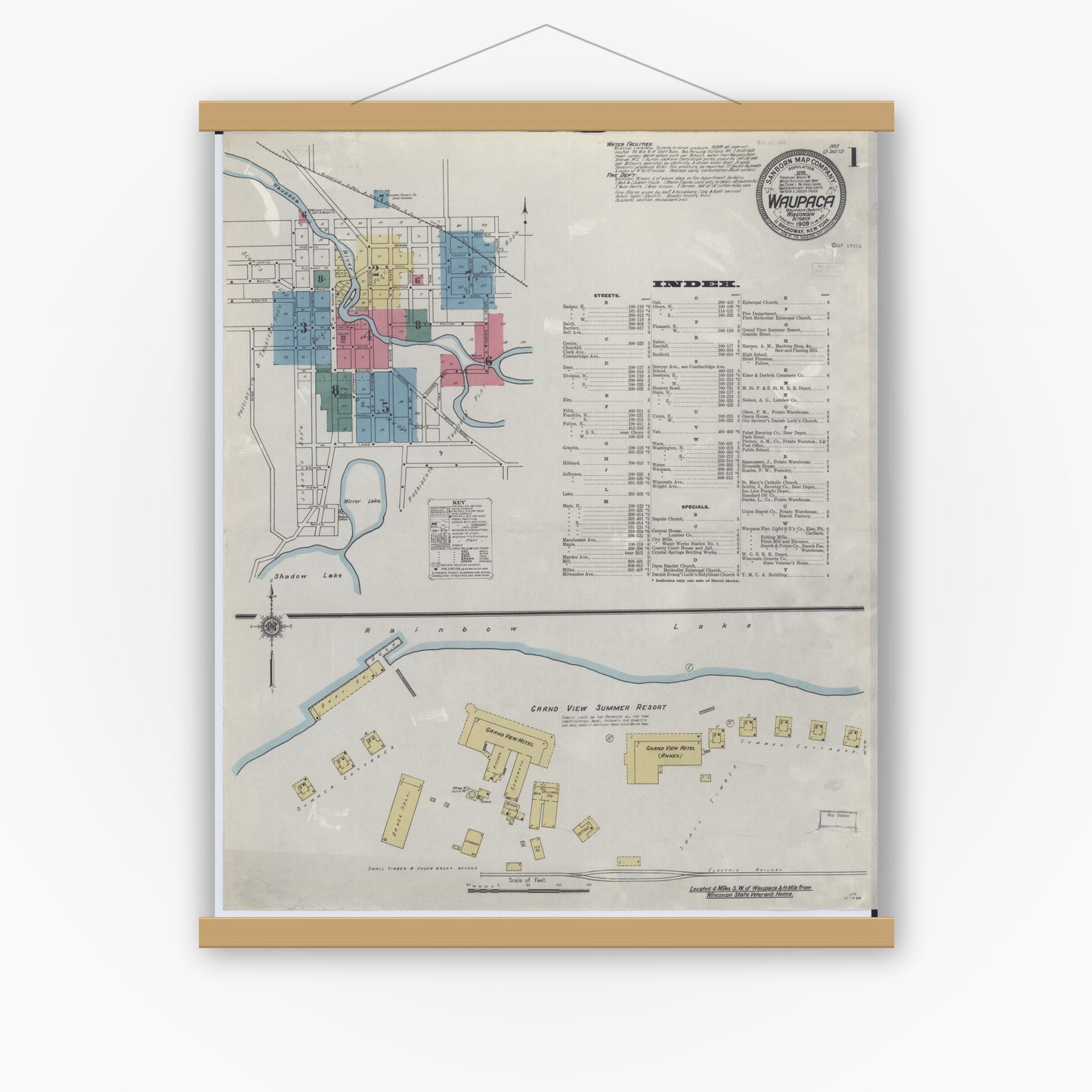 Old map wall art mockup — magnetic wood frame on white wall — Sanborn Fire Insurance Map from Waupaca, Waupaca County, Wisconsin (1909) - Complete Map Set
