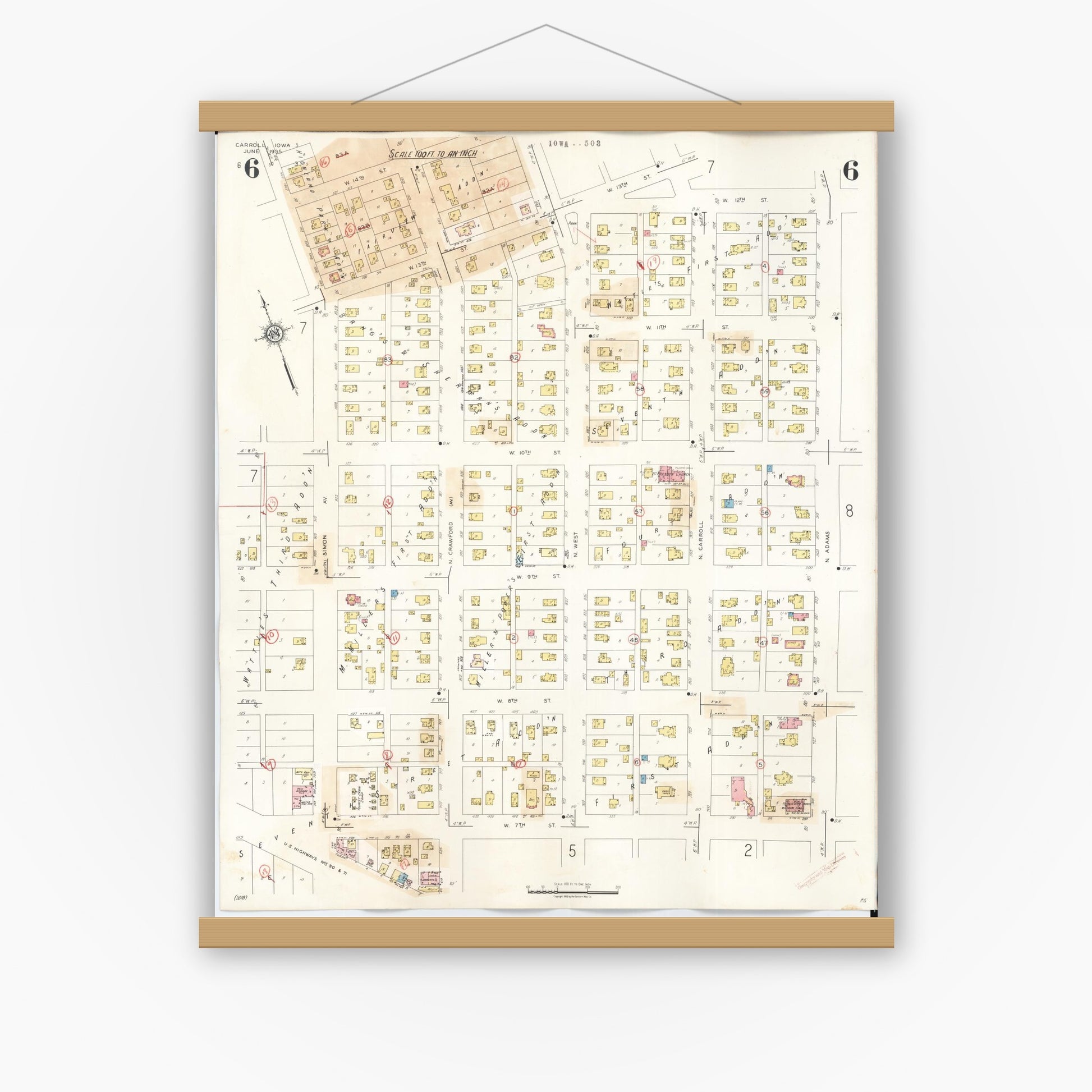 Old map wall art mockup — magnetic wood frame on white wall — Sanborn Fire Insurance Map from Carroll, Carroll County, Iowa (1948), Sheet #0006