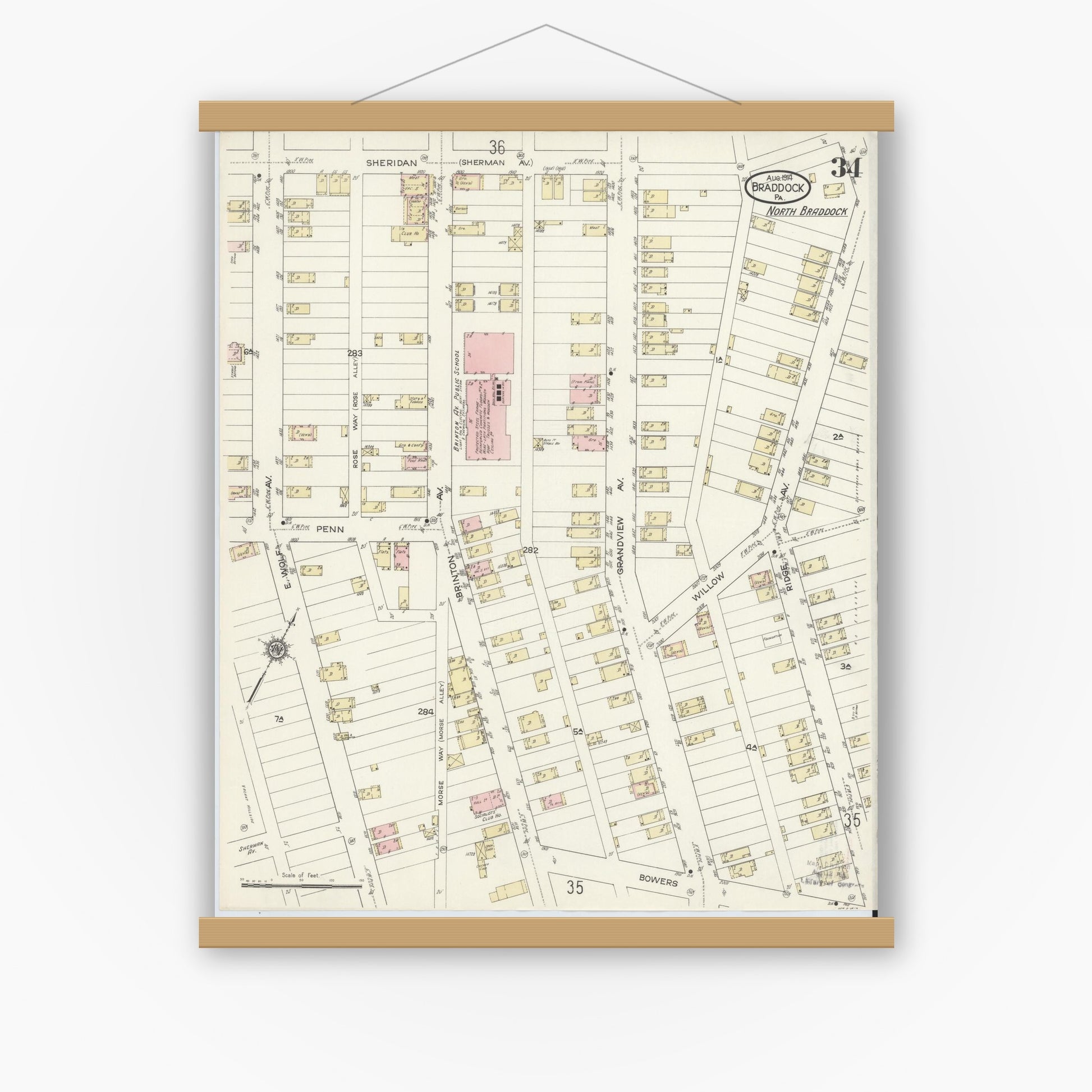 Old map wall art mockup — magnetic wood frame on white wall — Sanborn Fire Insurance Map from Braddock, Allegheny County, Pennsylvania (1914), Sheet #0034