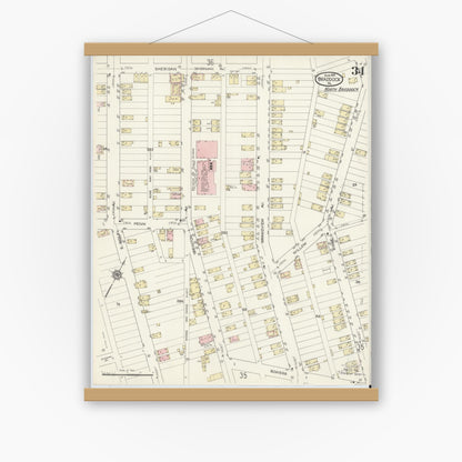 Old map wall art mockup — magnetic wood frame on white wall — Sanborn Fire Insurance Map from Braddock, Allegheny County, Pennsylvania (1914), Sheet #0034
