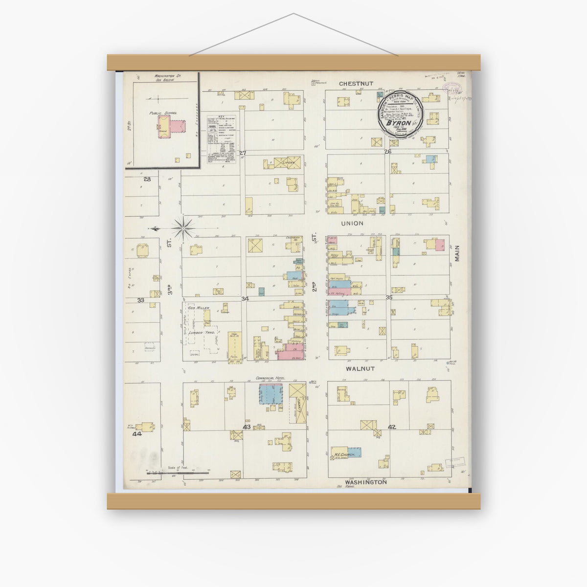 Old map wall art mockup — magnetic wood frame on white wall — Sanborn Fire Insurance Map from Byron, Ogle County, Illinois (1893), Sheet #0001