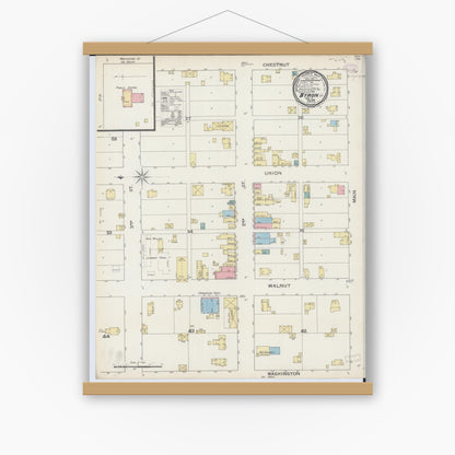 Old map wall art mockup — magnetic wood frame on white wall — Sanborn Fire Insurance Map from Byron, Ogle County, Illinois (1893), Sheet #0001