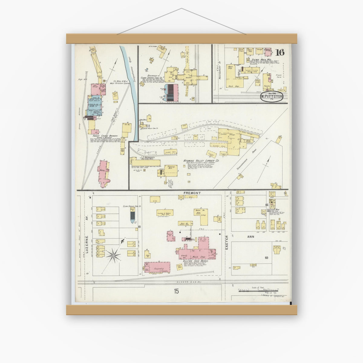 Old map wall art mockup — magnetic wood frame on white wall — Sanborn Fire Insurance Map from Pittston, Luzerne County, Pennsylvania (1896), Sheet #0016