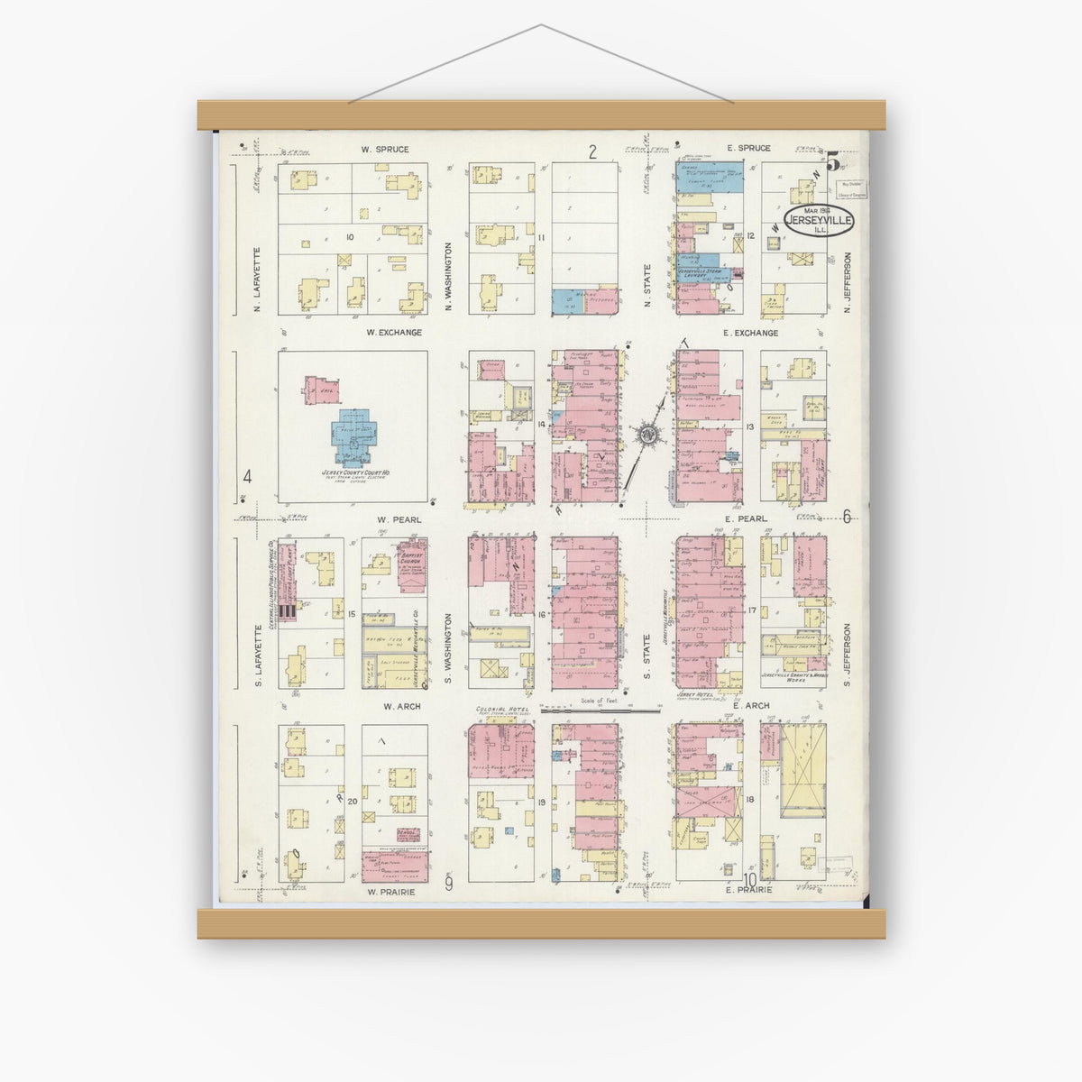 Old map wall art mockup — magnetic wood frame on white wall — Sanborn Fire Insurance Map from Jerseyville, Jersey County, Illinois (1914), Sheet #0005