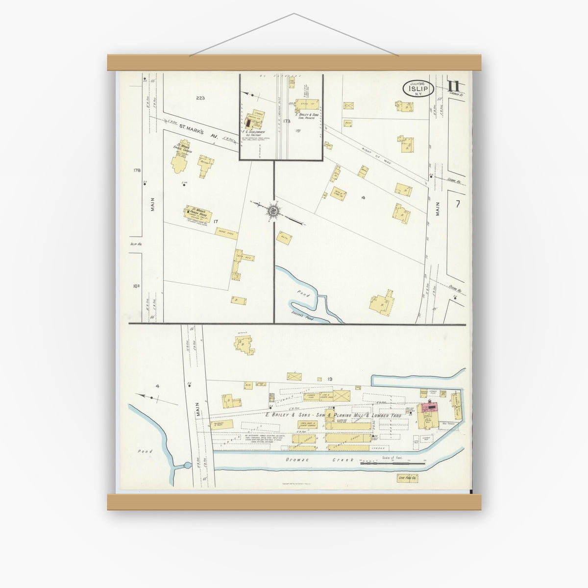 Old map wall art mockup — magnetic wood frame on white wall — Sanborn Fire Insurance Map from Islip, Suffolk County, New York (1916), Sheet #0011