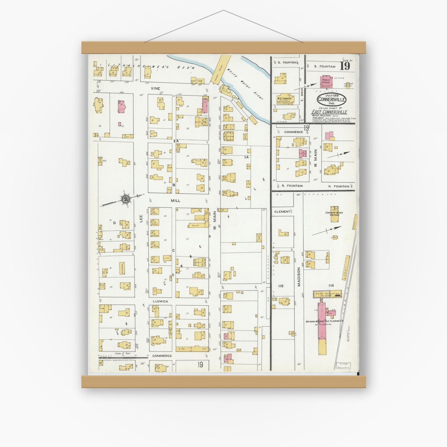 Old map wall art mockup — magnetic wood frame on white wall — Sanborn Fire Insurance Map from Connersville, Fayette County, Indiana (1919), Sheet #0019
