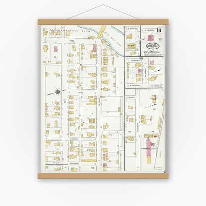 Old map wall art mockup — magnetic wood frame on white wall — Sanborn Fire Insurance Map from Connersville, Fayette County, Indiana (1919), Sheet #0019