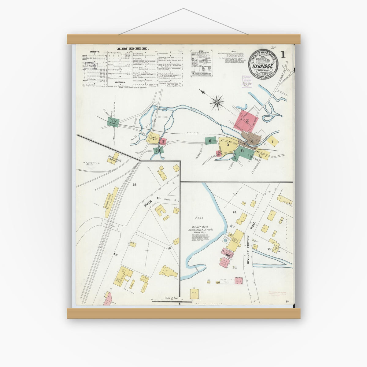 Old map wall art mockup — magnetic wood frame on white wall — Sanborn Fire Insurance Map from Uxbridge, Worcester County, Massachusetts (1903), Sheet #0001
