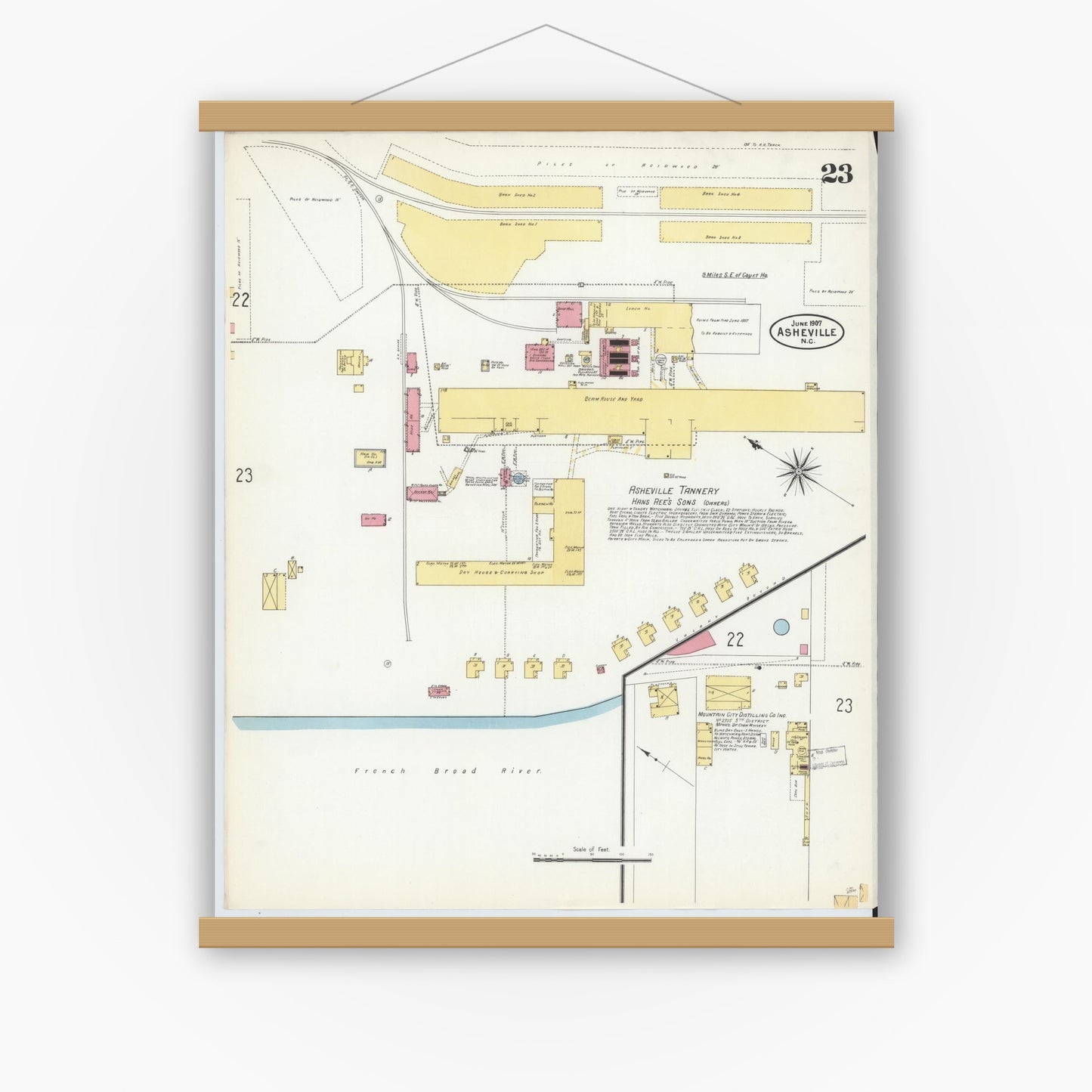 Old map wall art mockup — magnetic wood frame on white wall — Sanborn Fire Insurance Map from Asheville, Buncombe County, North Carolina (1907), Sheet #0023