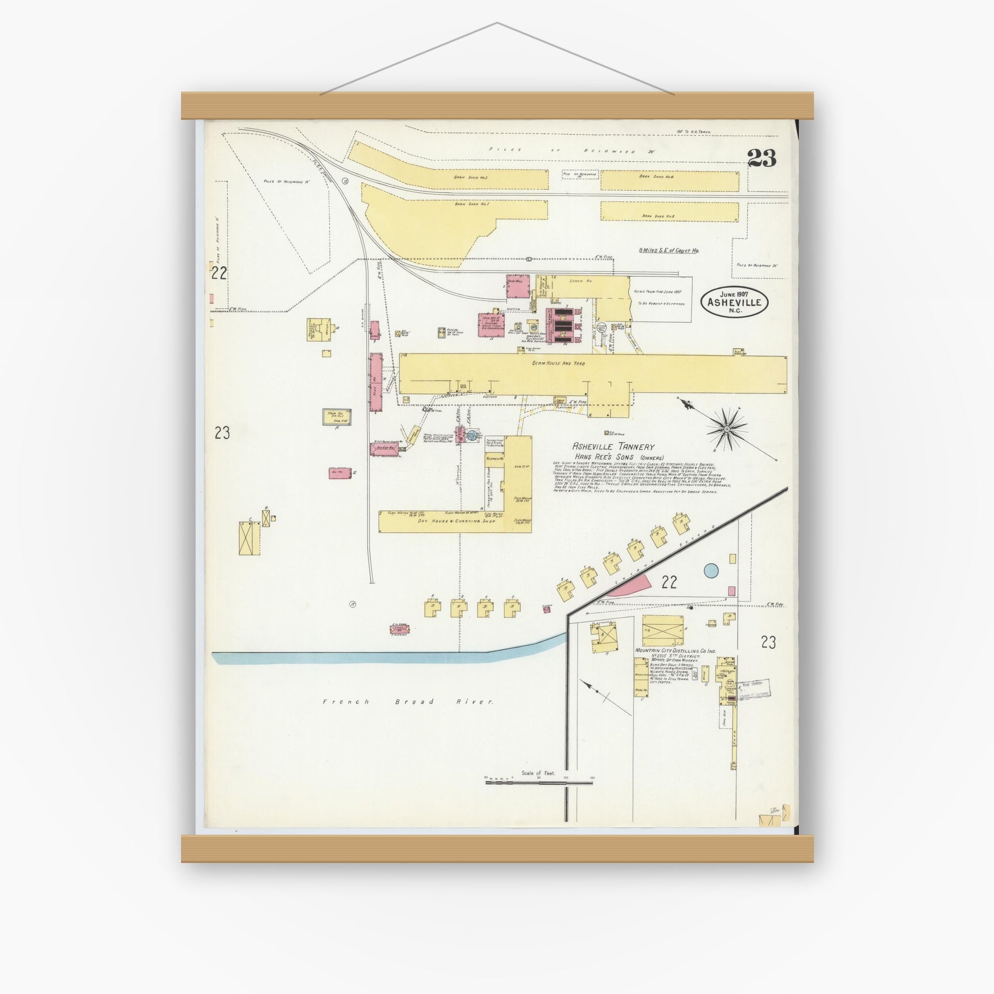 Old map wall art mockup — magnetic wood frame on white wall — Sanborn Fire Insurance Map from Asheville, Buncombe County, North Carolina (1907), Sheet #0023