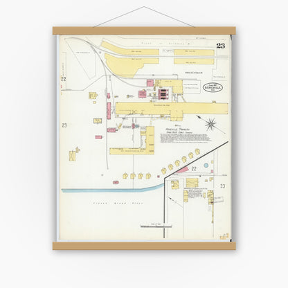 Old map wall art mockup — magnetic wood frame on white wall — Sanborn Fire Insurance Map from Asheville, Buncombe County, North Carolina (1907), Sheet #0023