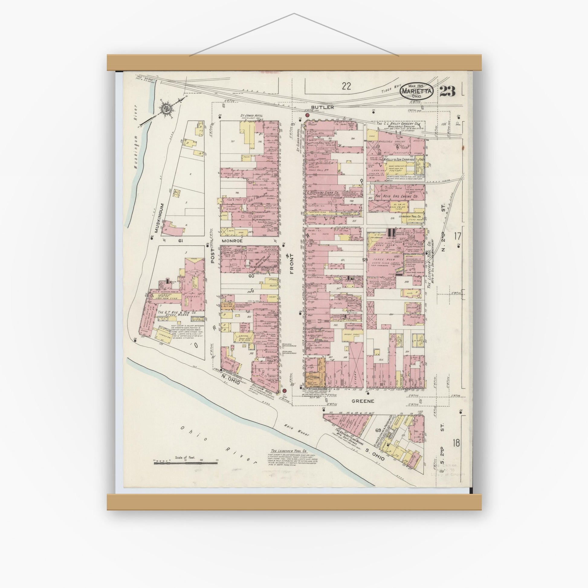 Old map wall art mockup — magnetic wood frame on white wall — Sanborn Fire Insurance Map from Marietta, Washington County, Ohio (1915), Sheet #0023