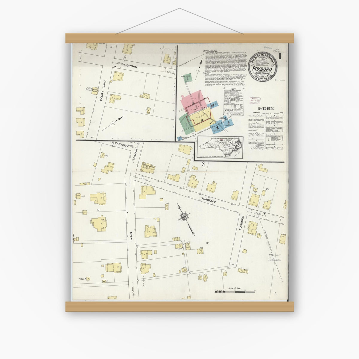 Old map wall art mockup — magnetic wood frame on white wall — Sanborn Fire Insurance Map from Roxboro, Person County, North Carolina (1914), Sheet #0001