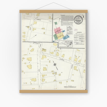 Old map wall art mockup — magnetic wood frame on white wall — Sanborn Fire Insurance Map from Roxboro, Person County, North Carolina (1914), Sheet #0001