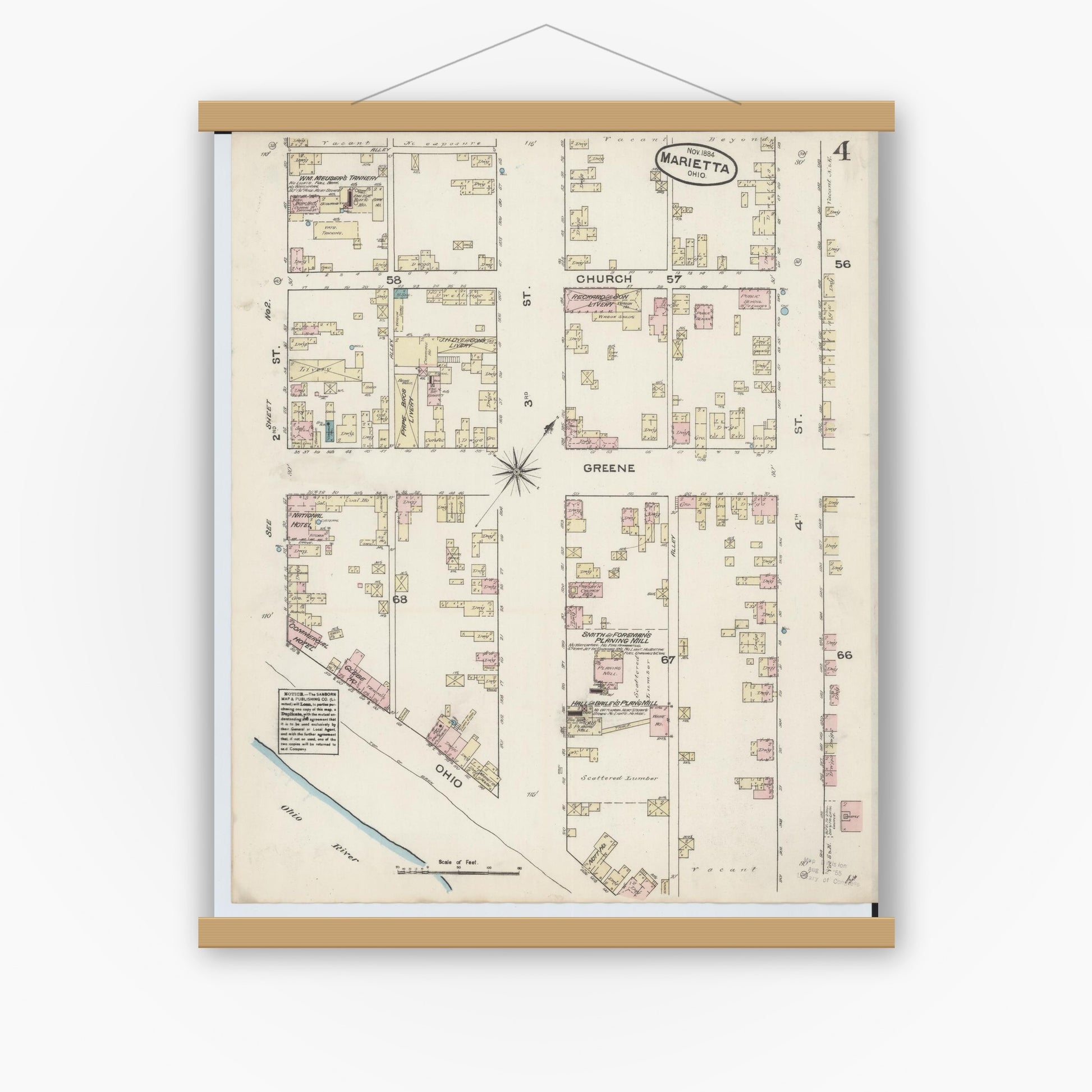 Old map wall art mockup — magnetic wood frame on white wall — Sanborn Fire Insurance Map from Marietta, Washington County, Ohio (1884), Sheet #0004