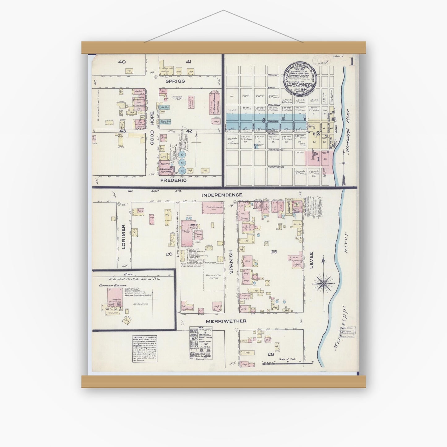 Old map wall art mockup — magnetic wood frame on white wall — Sanborn Fire Insurance Map from Cape Girardeau, Cape Girardeau County, Missouri (1884) - Complete Map Set