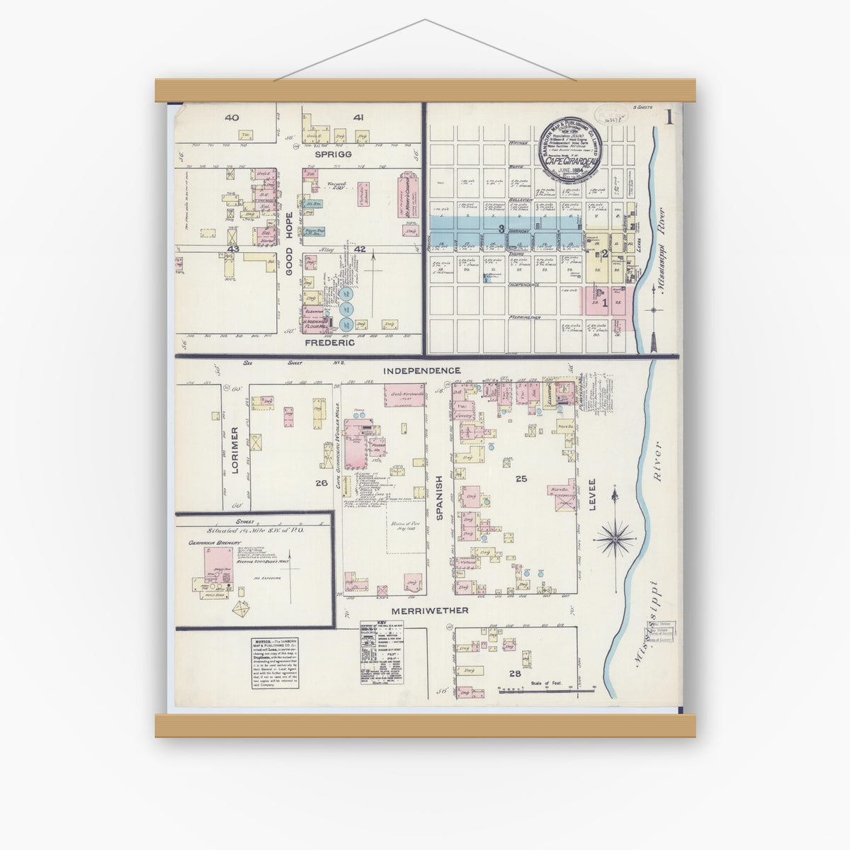 Old map wall art mockup — magnetic wood frame on white wall — Sanborn Fire Insurance Map from Cape Girardeau, Cape Girardeau County, Missouri (1884) - Complete Map Set