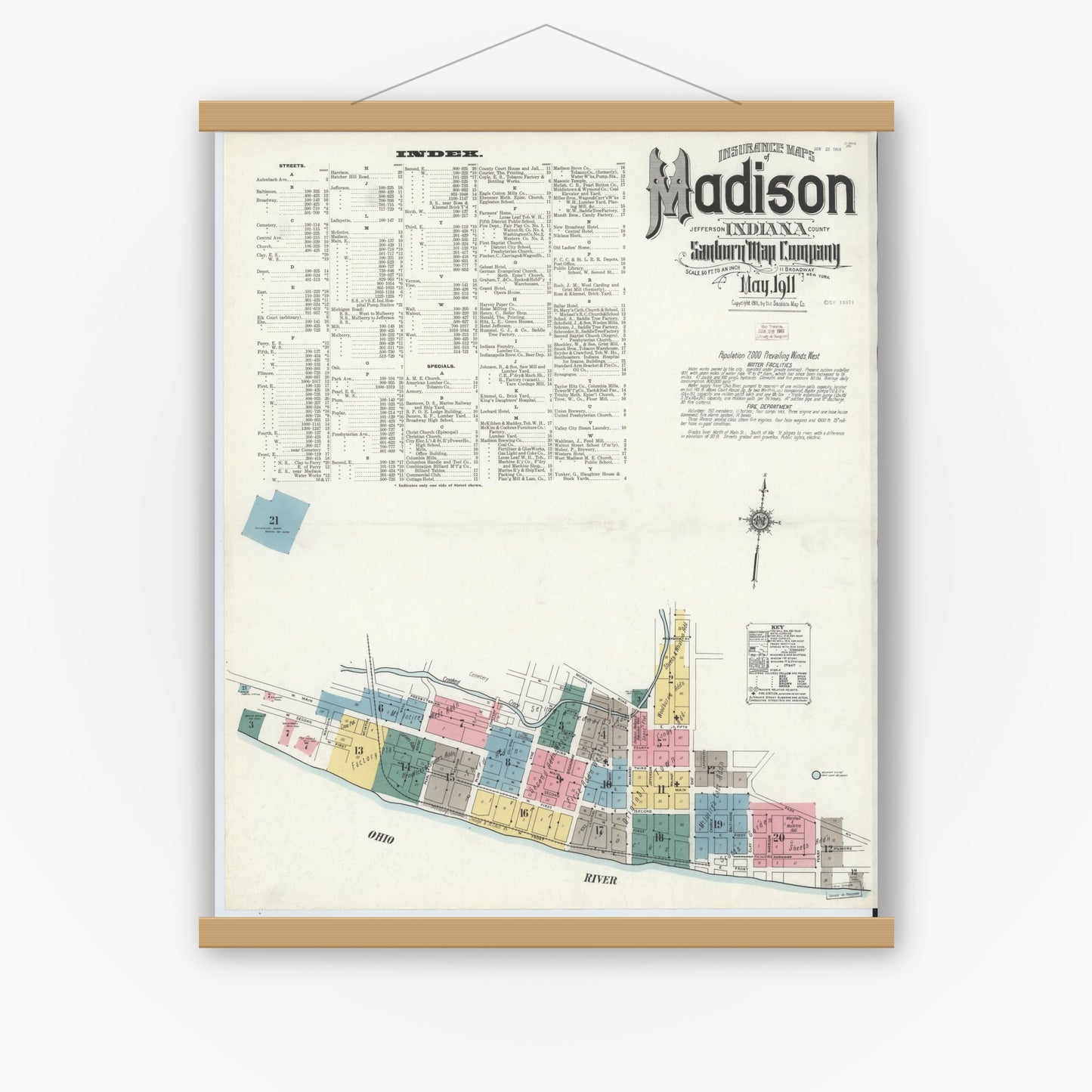 Old map wall art mockup — magnetic wood frame on white wall — Sanborn Fire Insurance Map from Madison, Jefferson County, Indiana (1911) - Complete Map Set