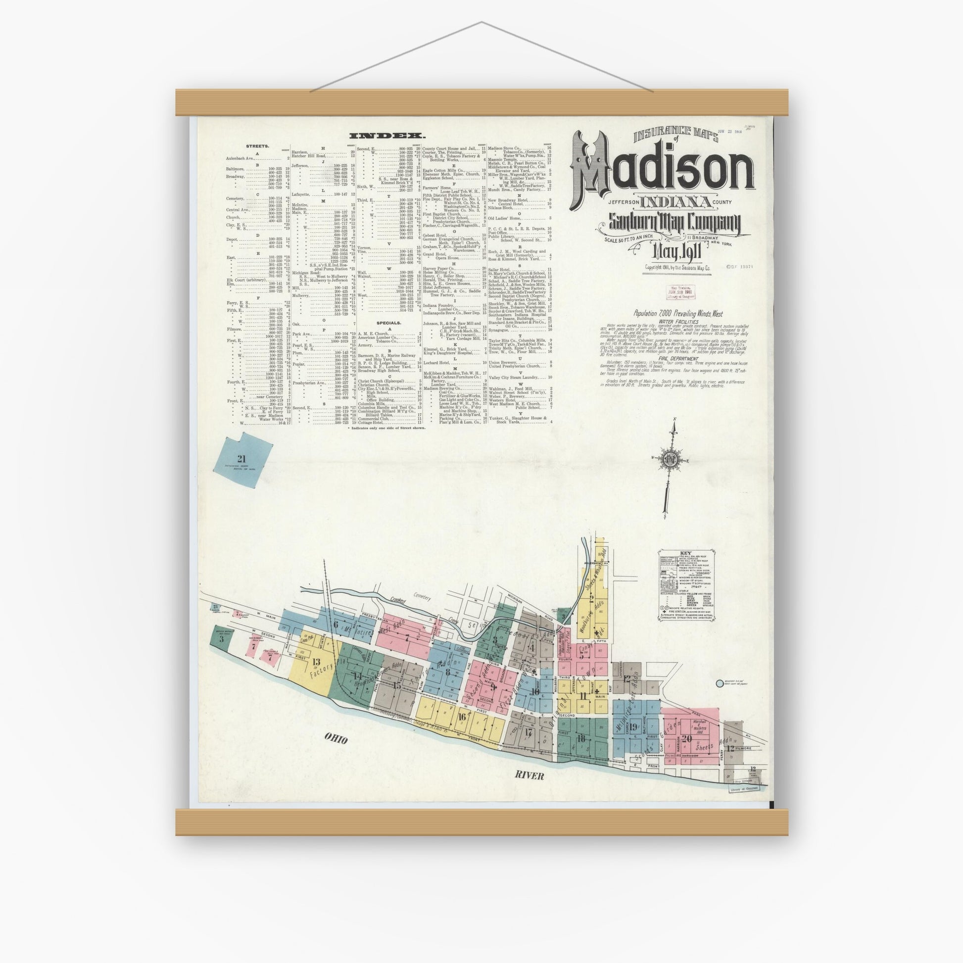 Old map wall art mockup — magnetic wood frame on white wall — Sanborn Fire Insurance Map from Madison, Jefferson County, Indiana (1911) - Complete Map Set