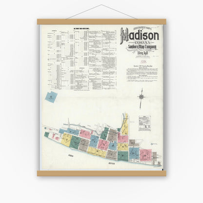 Old map wall art mockup — magnetic wood frame on white wall — Sanborn Fire Insurance Map from Madison, Jefferson County, Indiana (1911) - Complete Map Set
