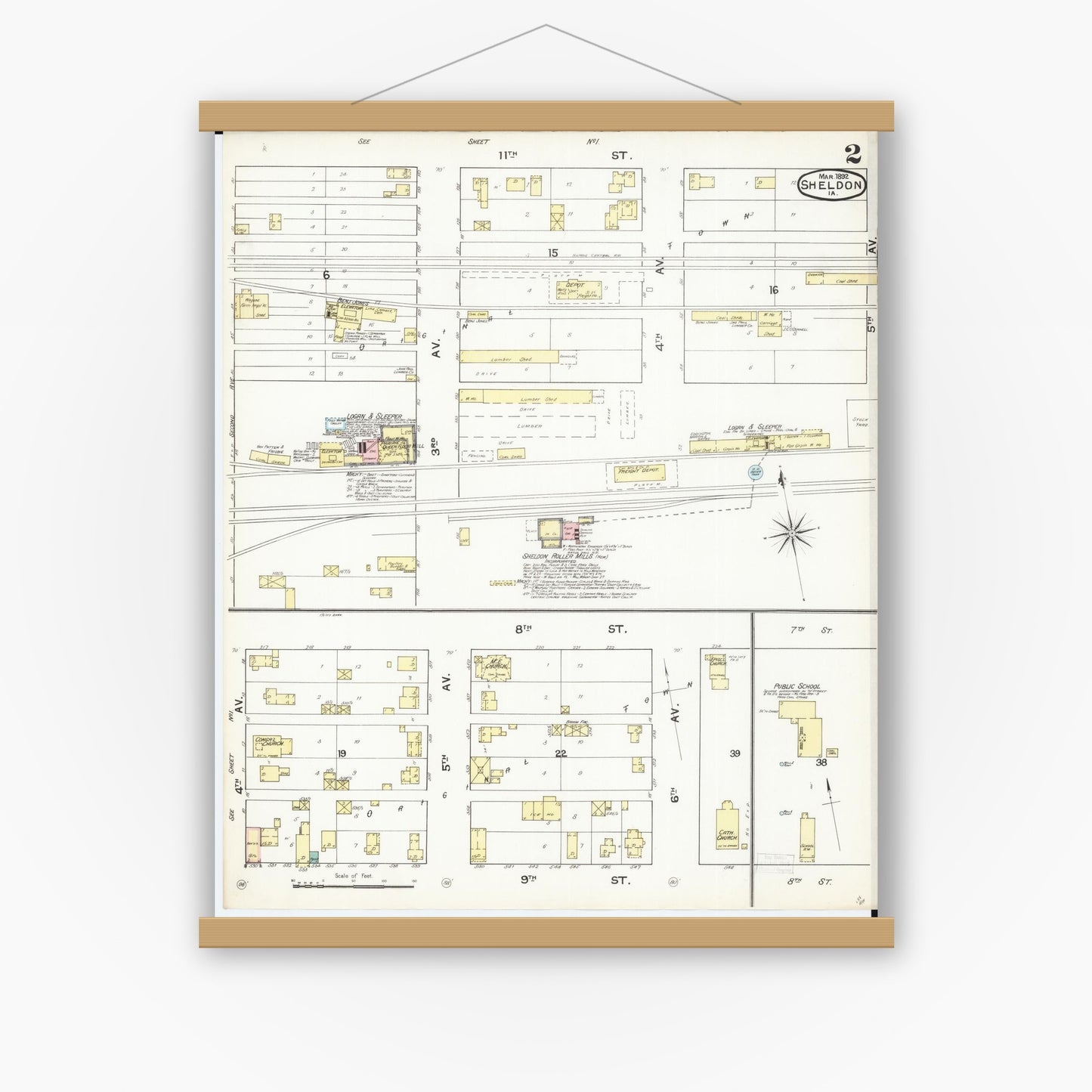 Old map wall art mockup — magnetic wood frame on white wall — Sanborn Fire Insurance Map from Sheldon, O'Brien County, Iowa (1892), Sheet #0002